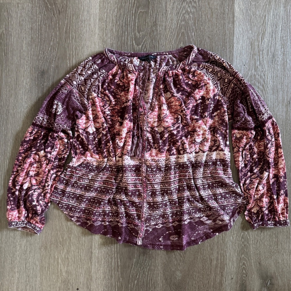 Lucky Brand Peasant Blouse Women Large Burgundy Boho Floral Tassel Split Neck
